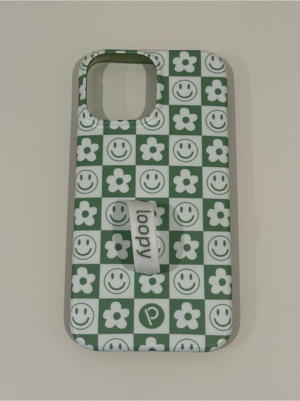 Loopy iPhone 12/ iPhone 13 Pro Max 6.7” Righty Green White Smiley+Flowers Case
